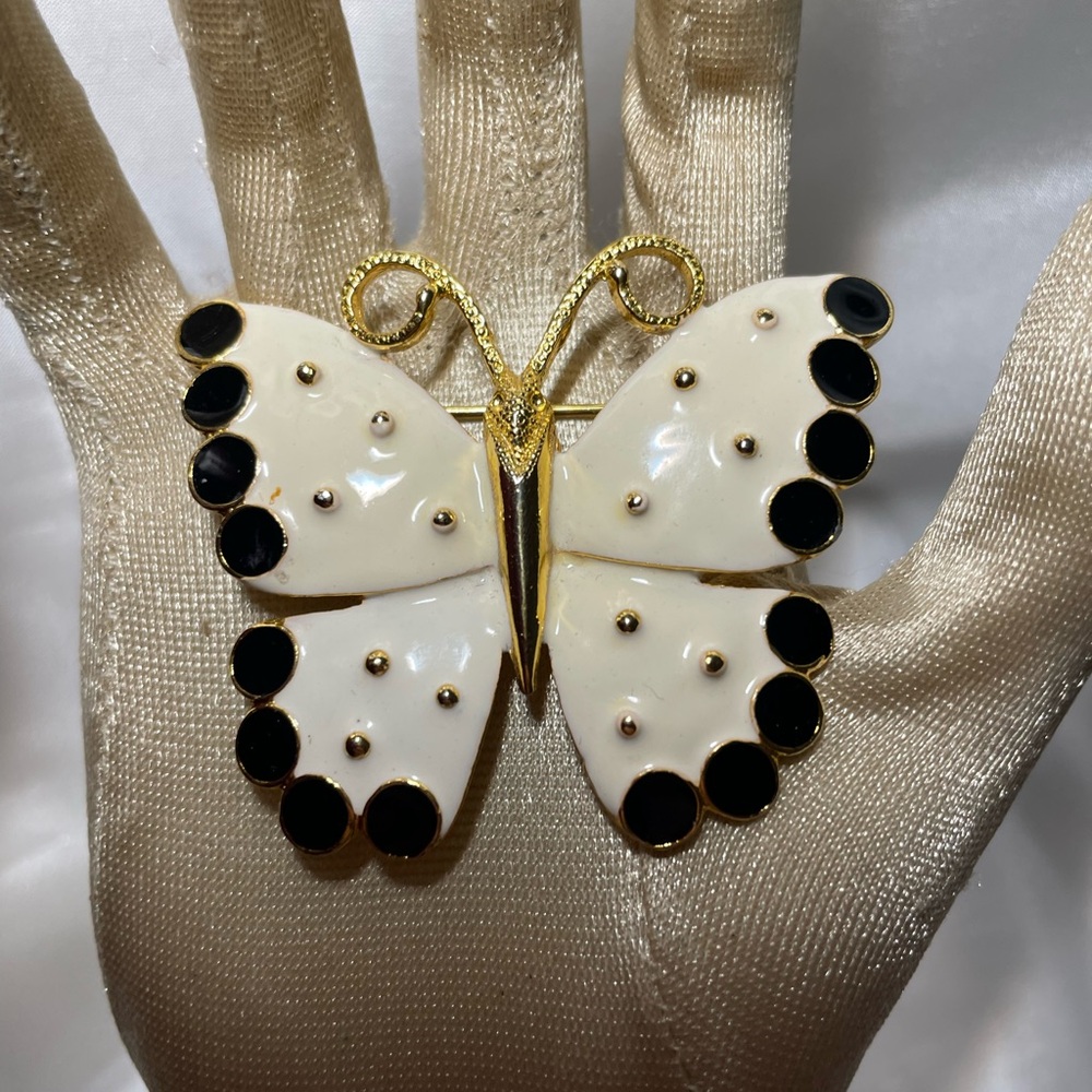 Vintage Hand Painted Enamel Gold Tone Stylized White and Black Butterfly Brooch